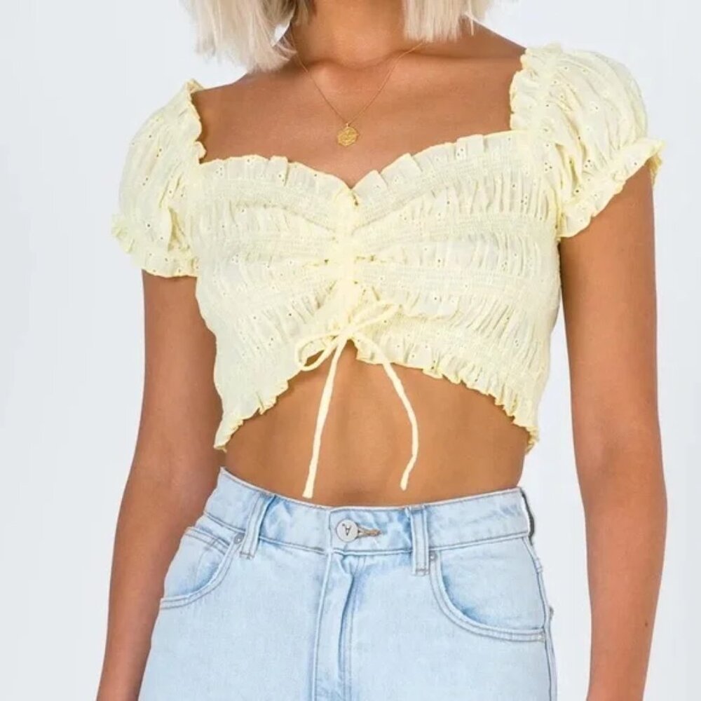 Princess Polly Elmera Top Lemon Yellow Embroidery Crop Top Size 2